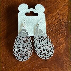 Disney Silver Floral Drop Earrings New on Card Beauty and the Beast Collection